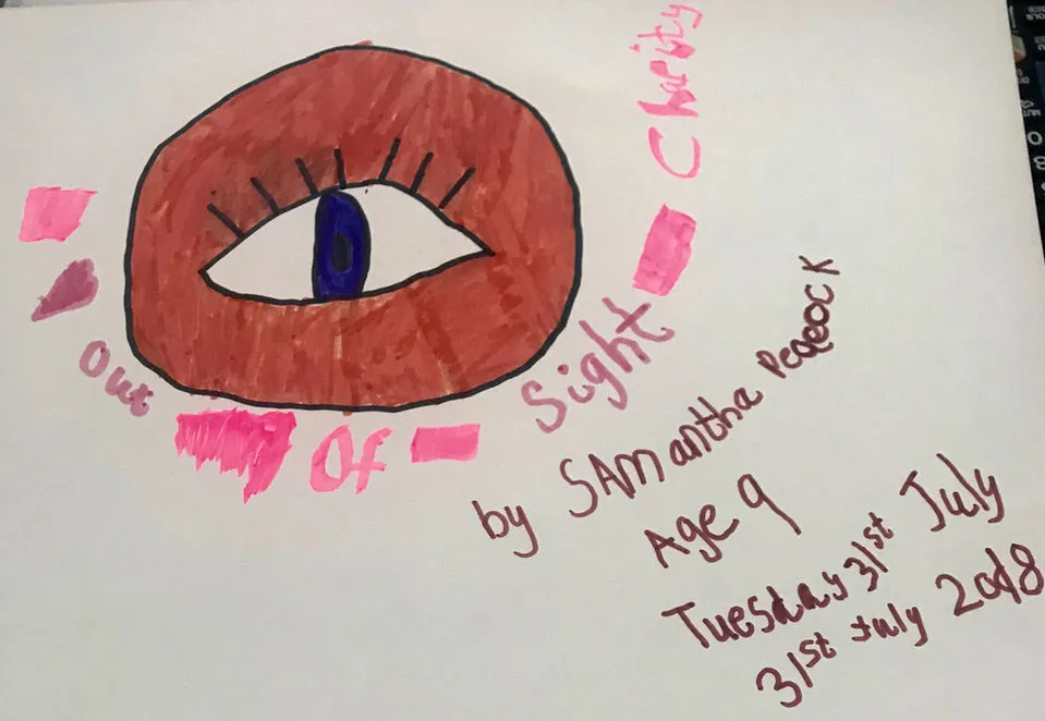A child's drawing of the Out of Sight logo.